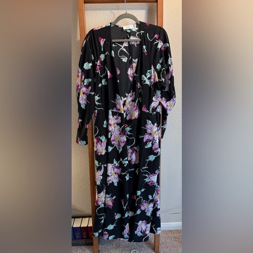 A.L.C QUINN crepe Floral Black Wrap midi Dress size 12 - Picture 6 of 8